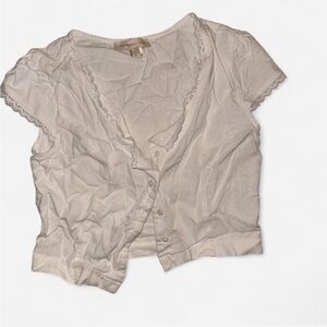 Light Cream Lace-Trim Button Front Crop Top